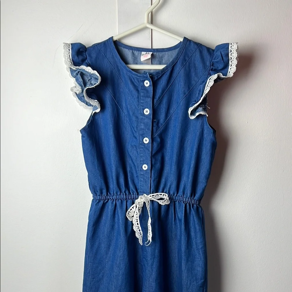 Kids Blue and White Flutter Sleeve Lace Bow Jumpsuit Coastal Sailor Style Romper - Picture 2 of 7